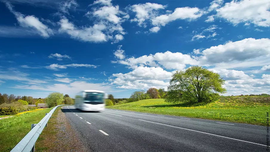 Ein Bus fährt über eine Landstraße im Grünen