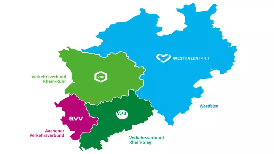 Die Karte zeigt das Gebiet des VRR,VRS, AVV und den WT