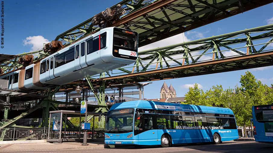 Ein Wasserstoffbus und die Wuppertaler Schwebebahn