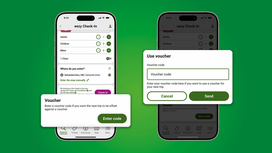 Two smartphones showing the voucher mask for eezy.nrw in the VRR app