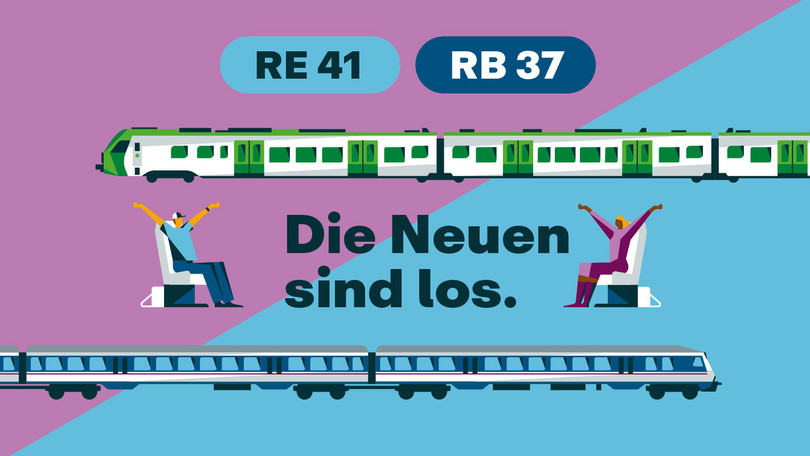 Illustration mit RE 41 und RB 37, zwei Zügen und sitzenden Fahrgästen, die die Hände in die Luft strecken, in der Mitte der Schriftzug "Die Neuen sind los"