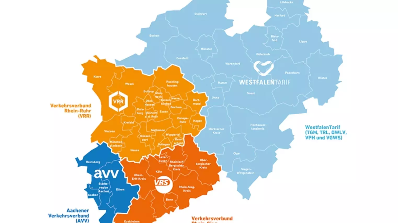 NRW-Karte mit Verbund-, Stadt- und Kreisgrenzen