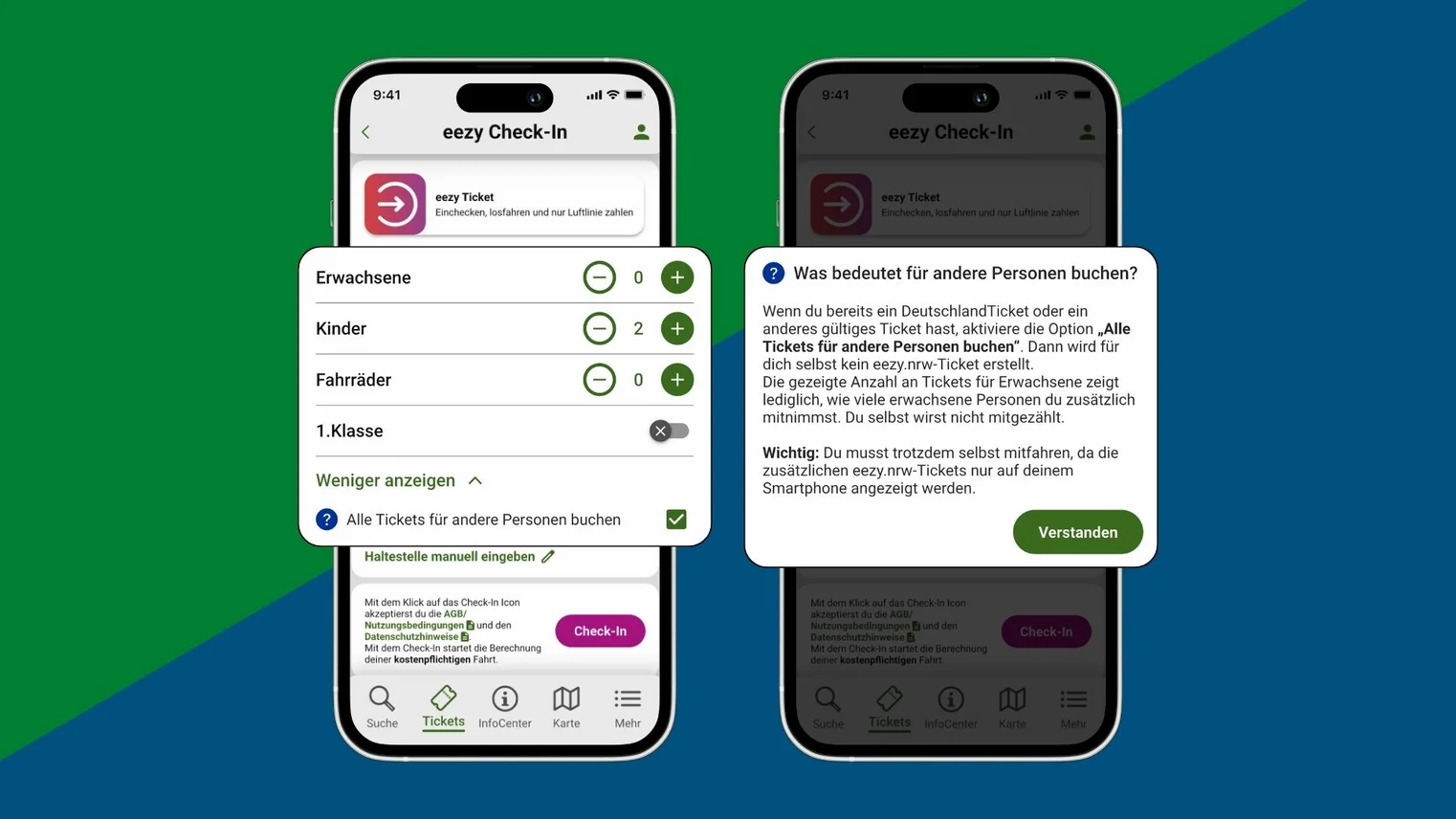 Zwei Ansichten der VRR App. Eine Ansicht zeigt die Check-In-Seite mit der neuen Option "Alle Tickets für andere Personen buchen“. Die andere zeigt das Info-Symbol, das die neue Funktion bei eezy.nrw erklärt.