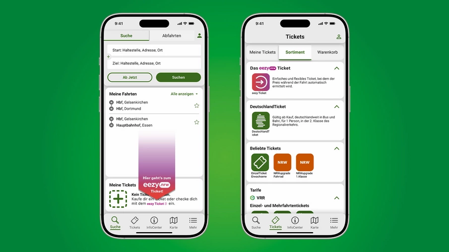 Darstellung von zwei Smartphones mit dem eezy.nrw Ticket in der VRR App