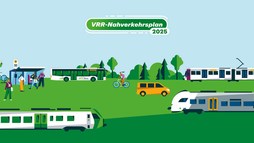 Illustration zum Online-Dialog unter "Einsteigen und Mitreden" zum VRR-Nahverkehrsplan 2025: Zu sehen sind unterschiedliche öffentliche Verkehrsmittel, Fahrgäste, Fahrradfahrer, eine Haltestelle und ein Ticketautomat