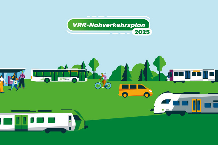 Illustration zum Online-Dialog unter "Einsteigen und Mitreden" zum VRR-Nahverkehrsplan 2025: Zu sehen sind unterschiedliche öffentliche Verkehrsmittel, Fahrgäste, Fahrradfahrer, eine Haltestelle und ein Ticketautomat