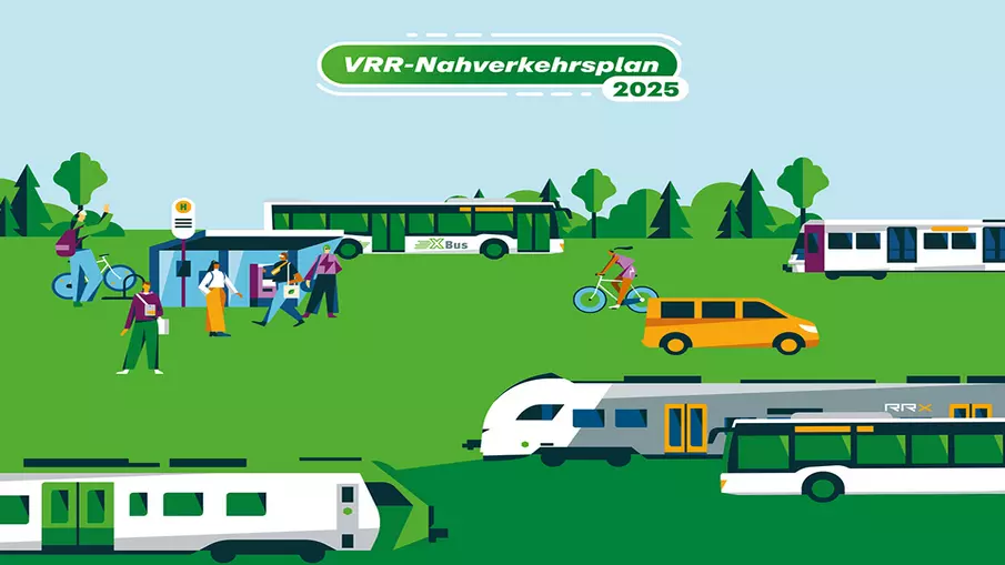 Illustration zum VRR-Nahverkehrsplan 2025 mit öffentlichen Verkehrsmitteln, Fahrgästen und einer Haltestelle