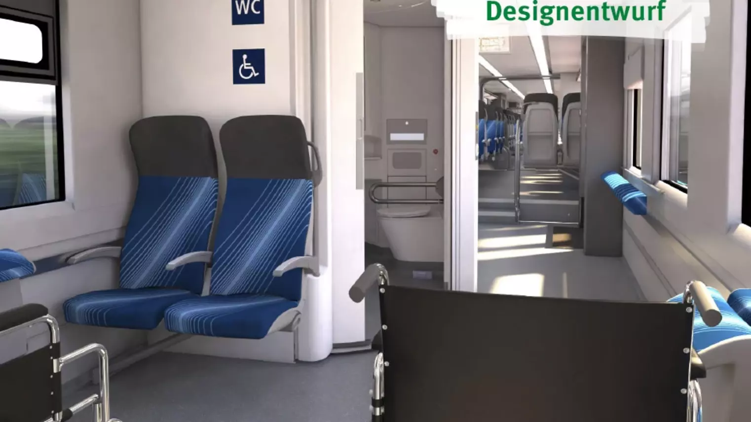 Designentwurf der BEMU-Fahrzeuge - Innenraum mit Toiletten und Mehrzweckbereich