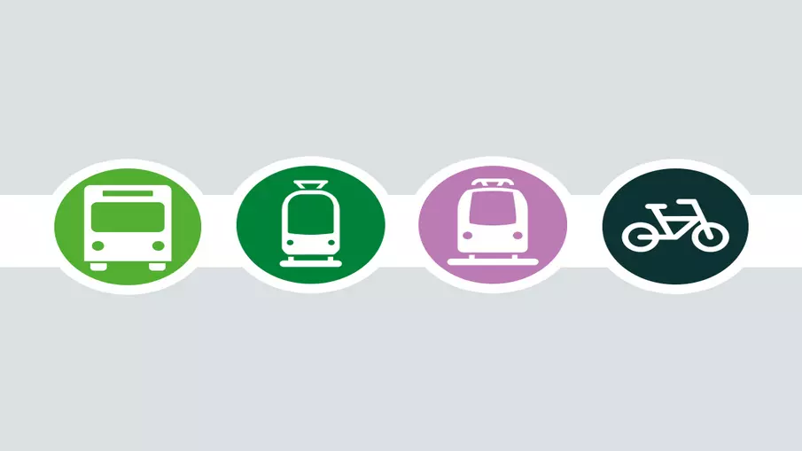 Piktogramme von Bus, Stadt- und Straßenbahn, Zug und Fahrrad