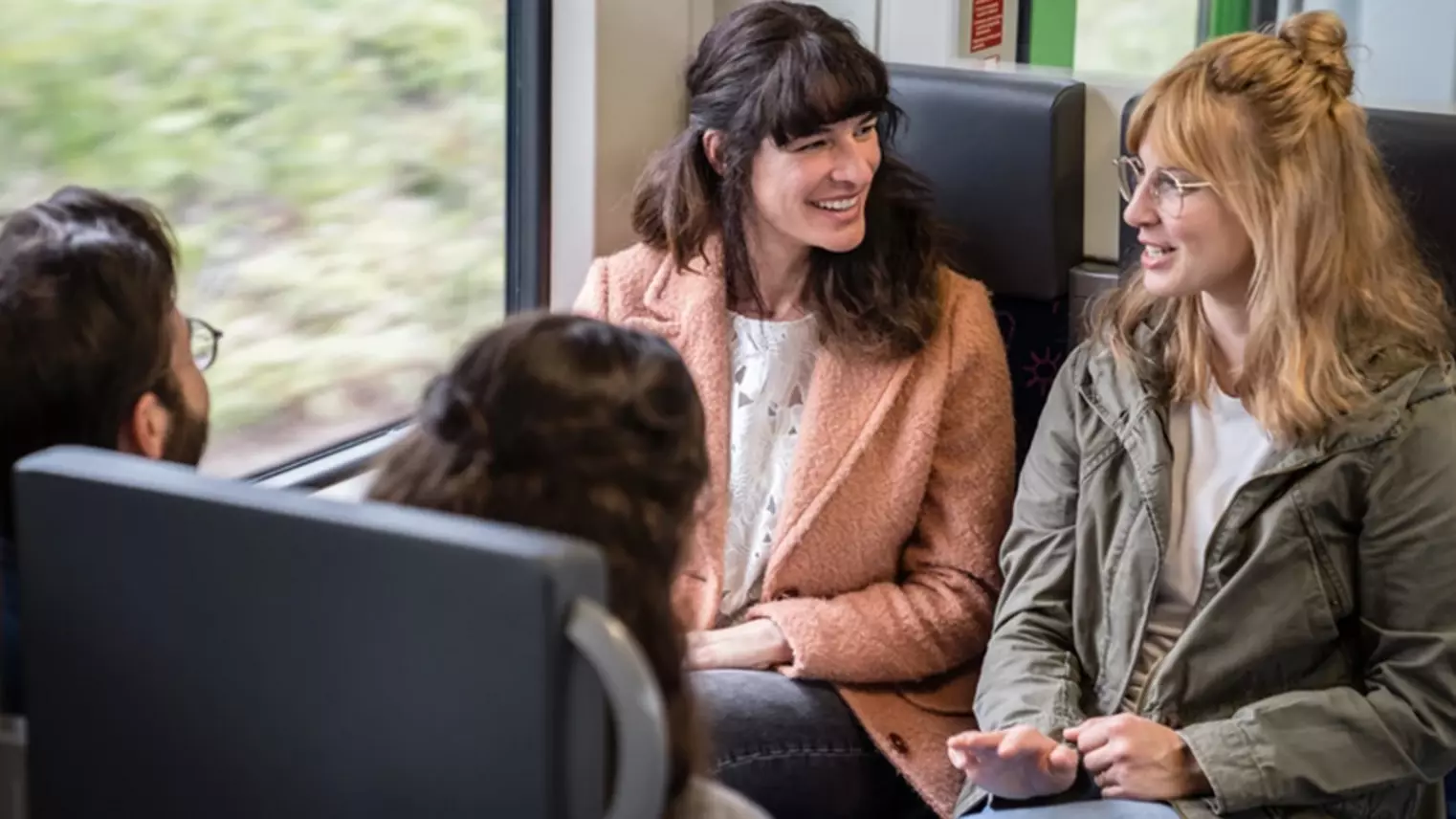 Group of young people sitting on a train