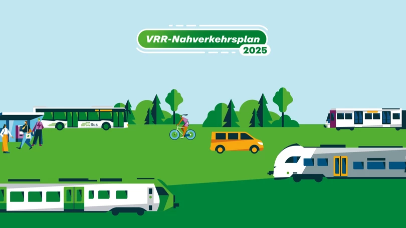 Illustration Eine Landschaft mit zahlreichen Verkehrsmitteln: Züge, Bus, Straßenbahn, XBus, Fahrrad, Auto und eine Haltestelle mit Fahrgästen