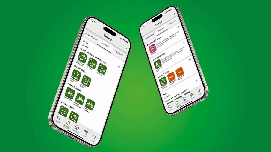 Darstellung von zwei Smartphones mit dem Ticketshop in der VRR App