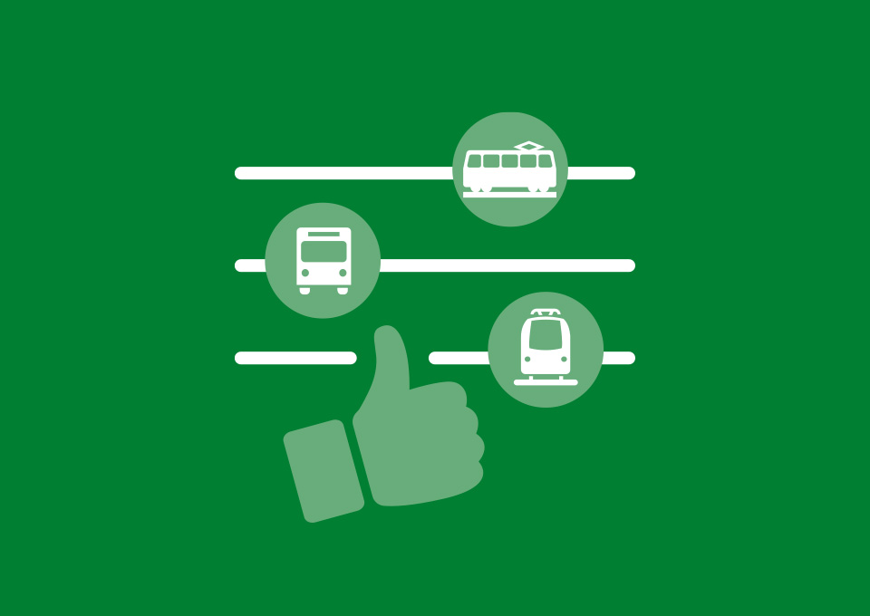 Piktogramme von Bus, Bahn und Zug mit einem "Gefällt mir"-Daumen