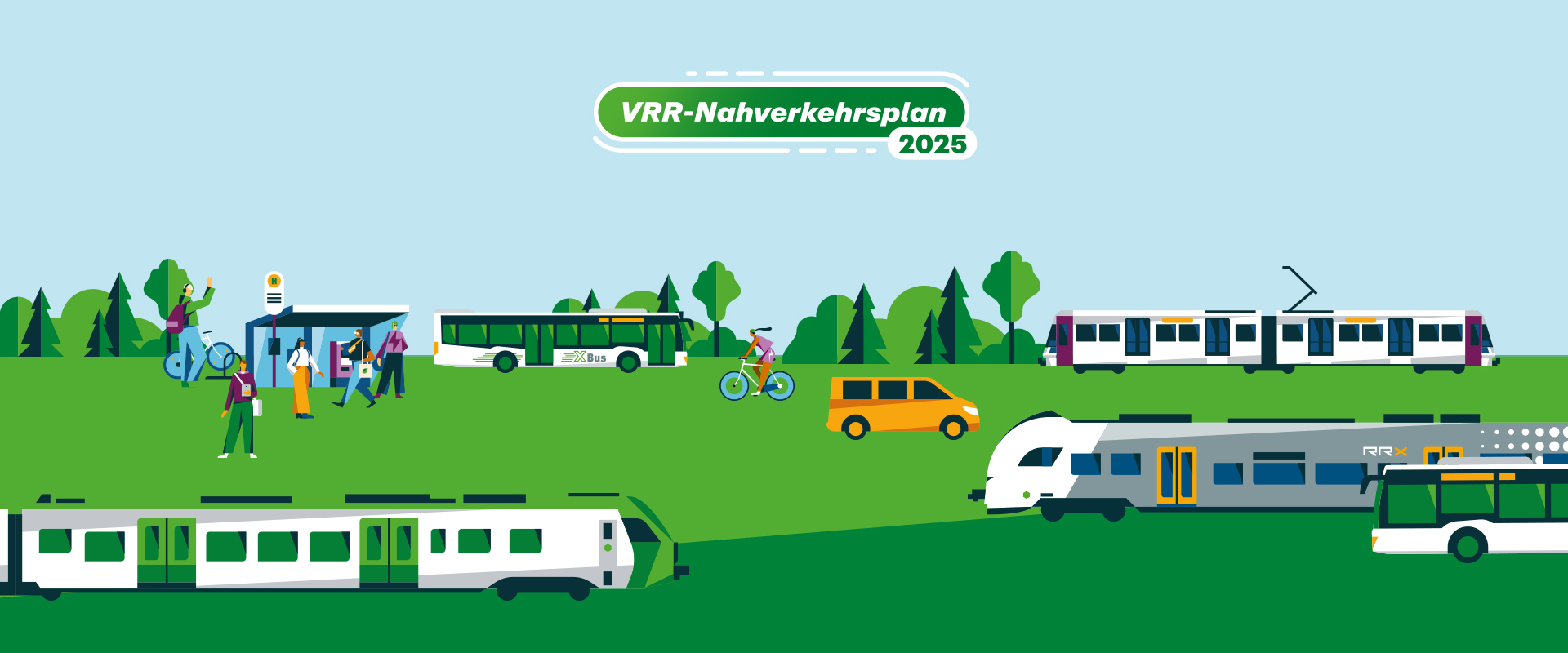 Illustration zum Online-Dialog unter "Einsteigen und Mitreden" zum VRR-Nahverkehrsplan 2025: Zu sehen sind unterschiedliche öffentliche Verkehrsmittel, Fahrgäste, Fahrradfahrer, eine Haltestelle und ein Ticketautomat