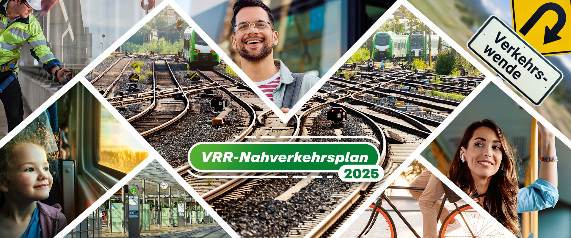 Bilder-Collage mit Fahrgästen, Infrastruktur, Zügen, einen Fahrrad und den Begriffen "VRR-Nahverkehrsplan 2025" und "Verkehrswende"