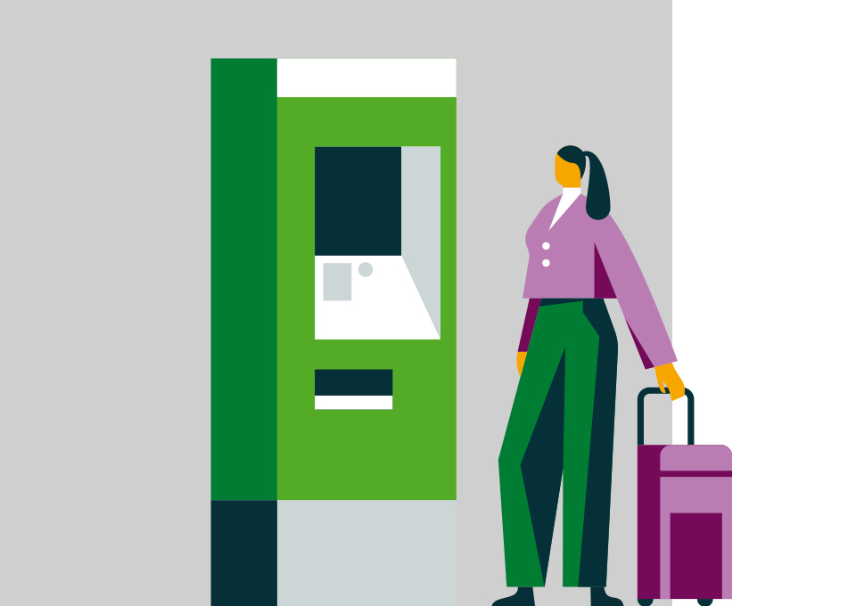 Illustration einer Frau mit Koffer vor einem Ticketautomaten