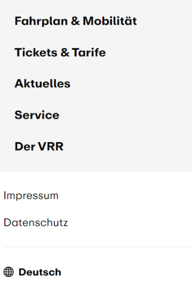 Impressum und Datenschutzmenü auf vrr.de