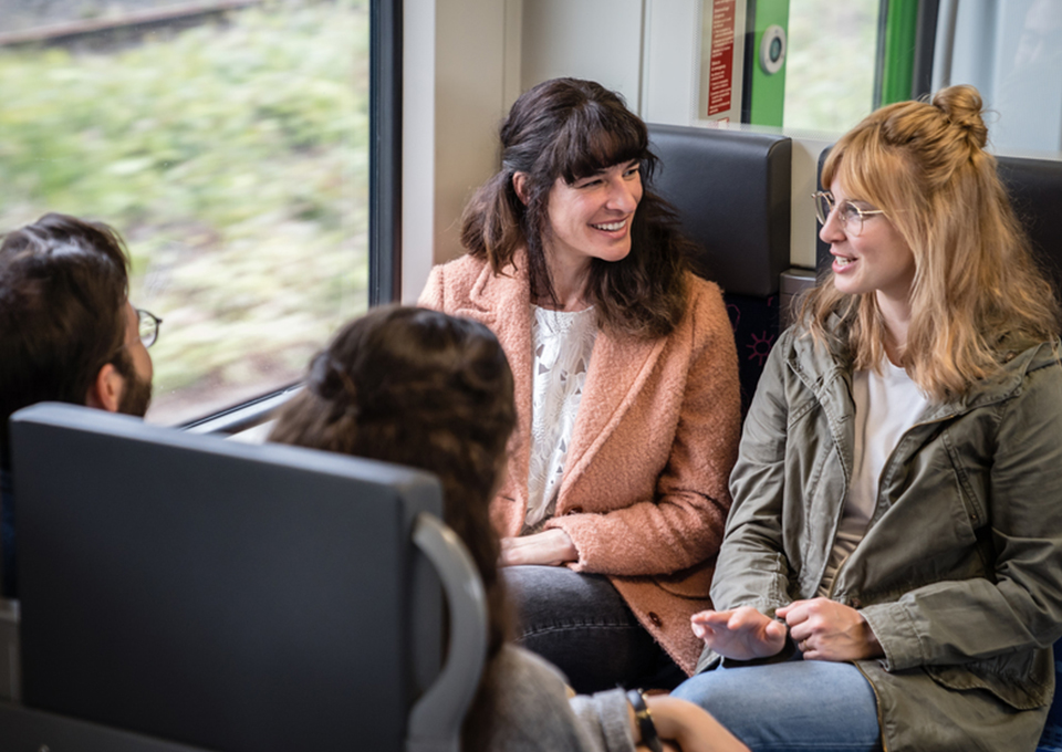 Gruppe junger Leute sitzt in Bahn